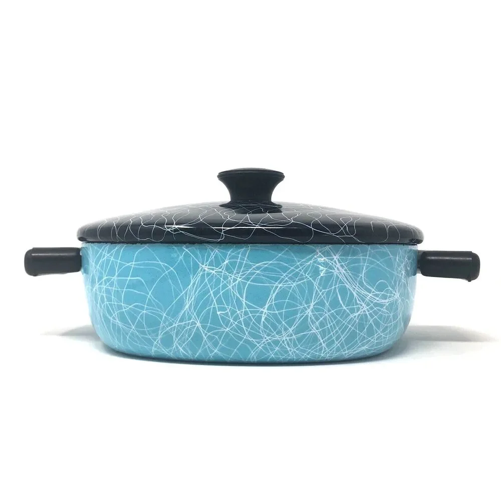Serendipity 2 Qt Casserole MCM Spaghetti Drizzle Enamel Turquoise Black Cookware